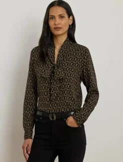 Chain-Print Crepe Tie-Neck Blouse - Långärmade|Lauren Ralph Lauren