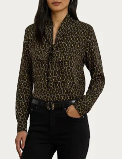 Chain-Print Crepe Tie-Neck Blouse - Långärmade|Lauren Ralph Lauren