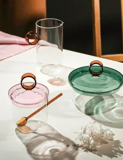 Muurla Loop låg burk med lock 12 cm, klar/teal/bärnsten - Förvaringsburkar CLEAR Online