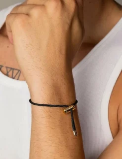 Nialaya Men's Black String Bracelet with Adjustable Gold Lock - Armband BLACK / GOLD Online