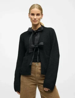 Object OBJSAGGIA L/S LO KNIT BOW CARDIGAN DIV - Koftor BLACK Online